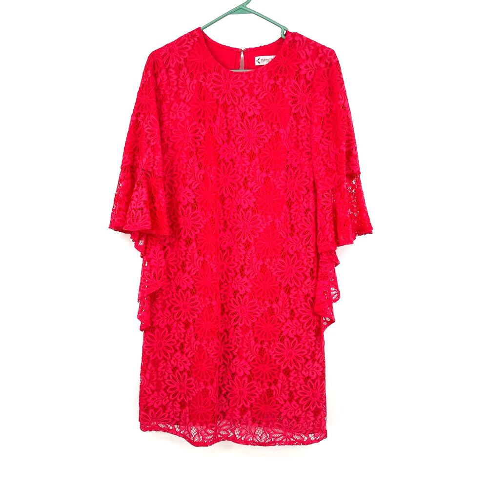 Nanette Size‎ 10 Dress Pink Sheath Floral Lace Bell Sleeve Drape Lined Vibrant